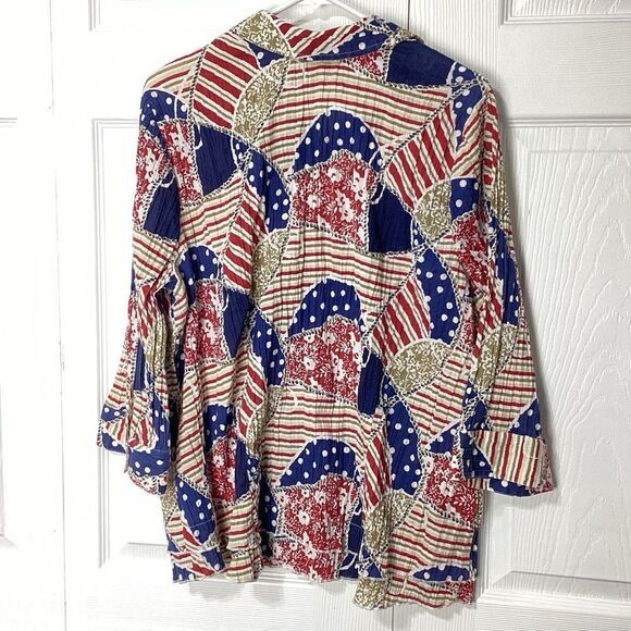 CJ Banks Colorful Patterned Blouse Crinkled Button Front Collar 1X Mid Sleeve - Picture 4 of 14